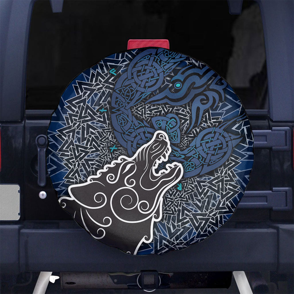 Viking Wolf and Valknut Spare Tire Cover Nordic Knotwork Rune Illustration