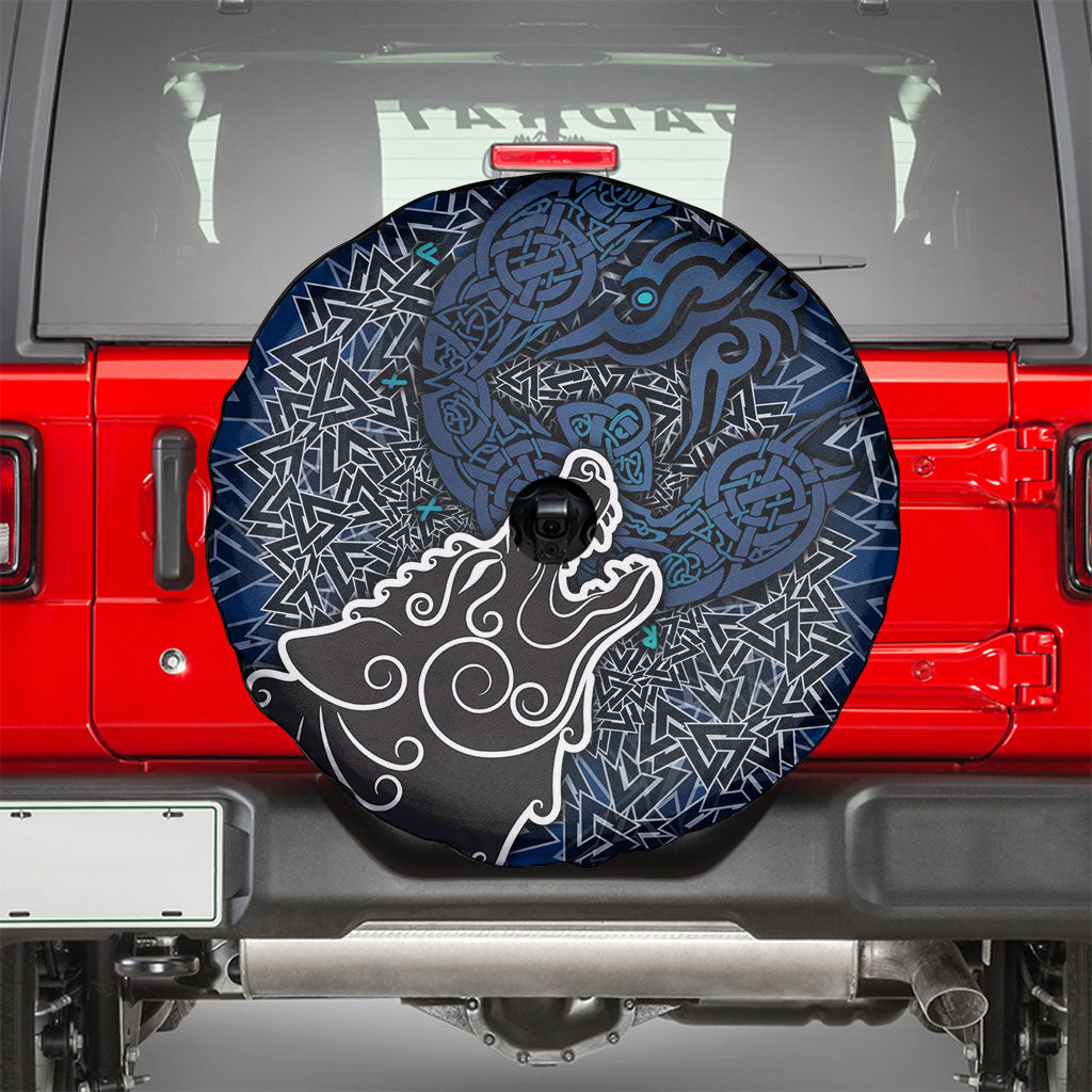 Viking Wolf and Valknut Spare Tire Cover Nordic Knotwork Rune Illustration