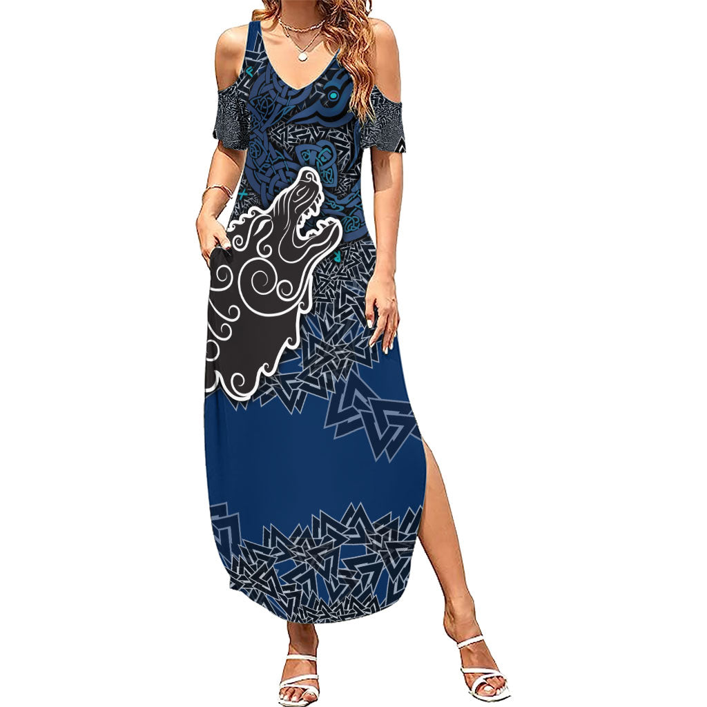 Viking Wolf and Valknut Summer Maxi Dress Nordic Knotwork Rune Illustration