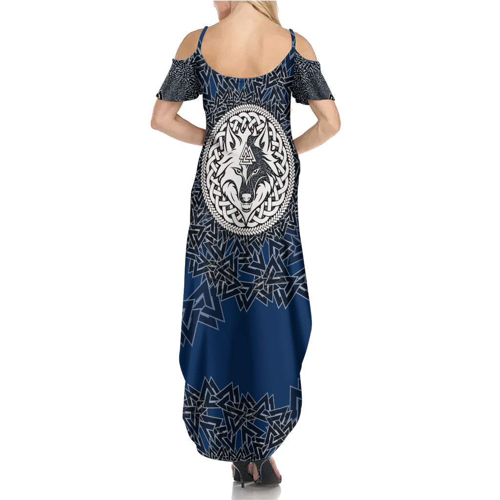 Viking Wolf and Valknut Summer Maxi Dress Nordic Knotwork Rune Illustration