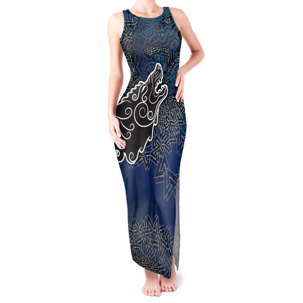 Viking Wolf and Valknut Tank Maxi Dress Nordic Knotwork Rune Illustration