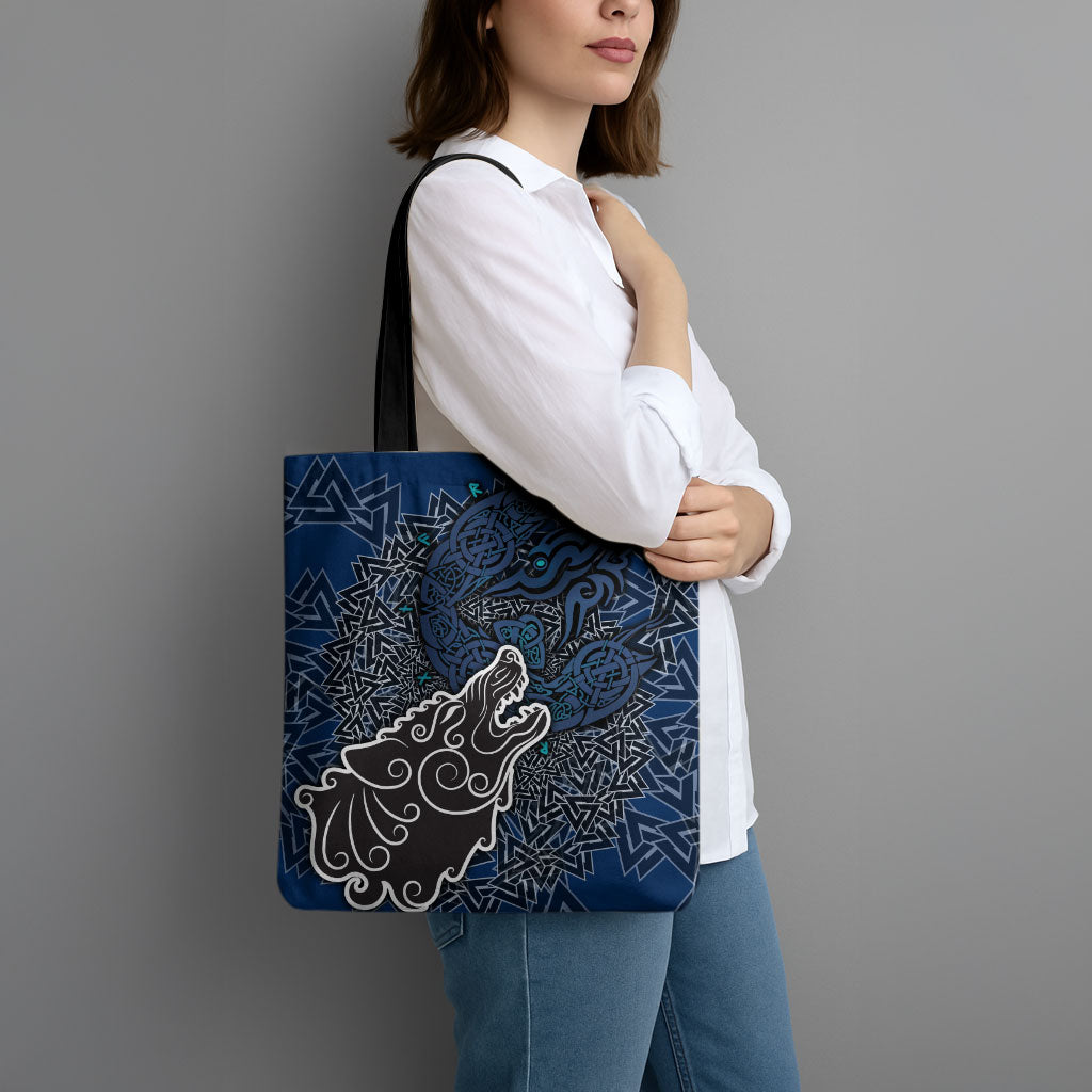 Viking Wolf and Valknut Tote Bag Nordic Knotwork Rune Illustration