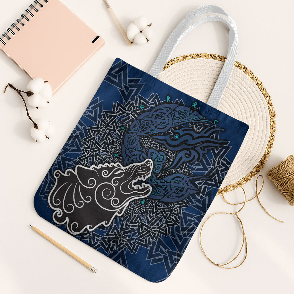 Viking Wolf and Valknut Tote Bag Nordic Knotwork Rune Illustration
