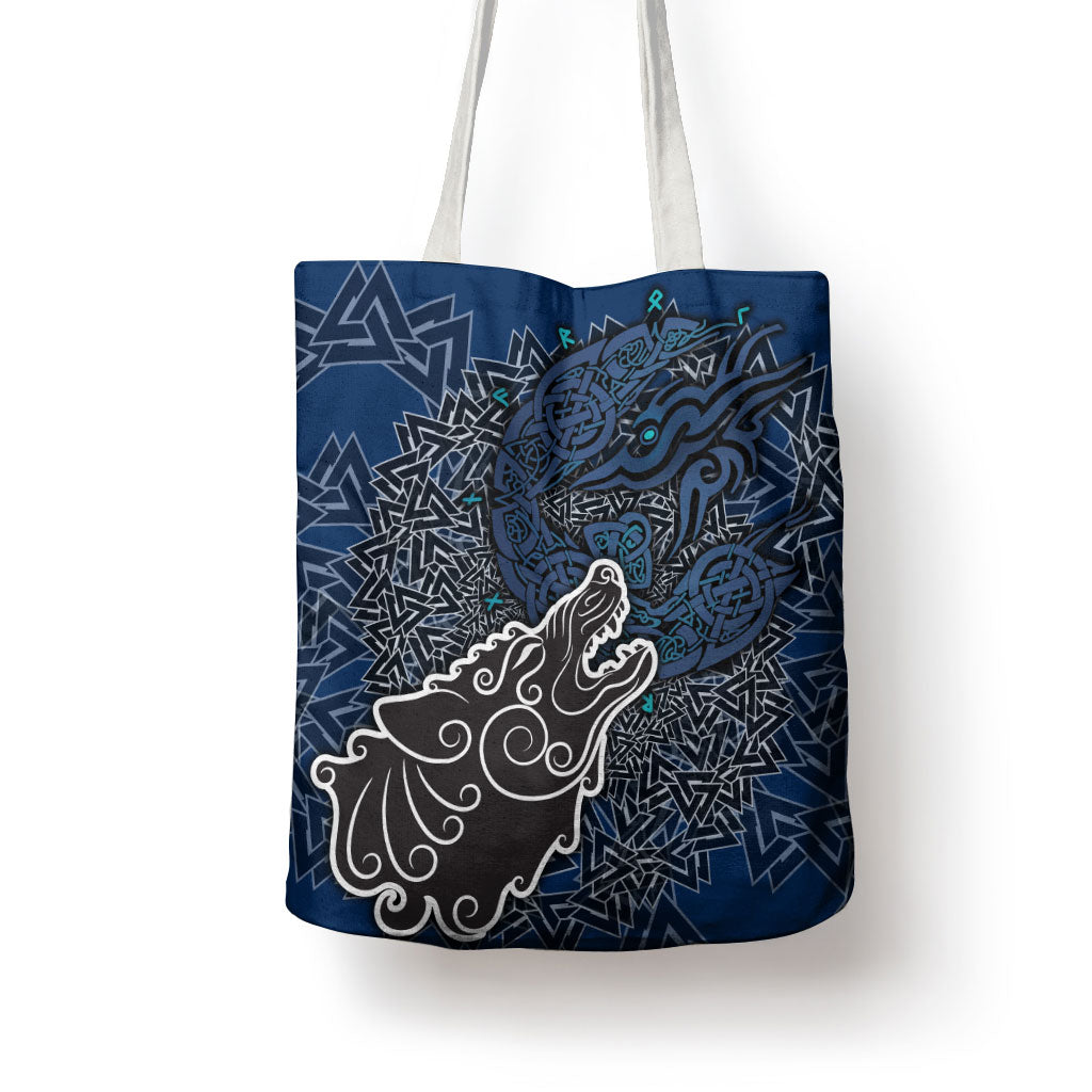 Viking Wolf and Valknut Tote Bag Nordic Knotwork Rune Illustration