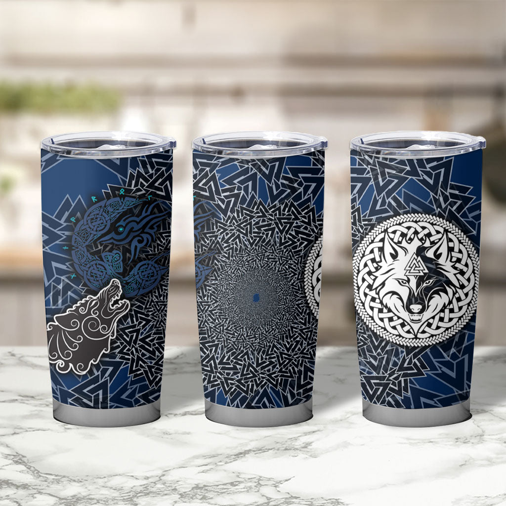 Viking Wolf and Valknut Tumbler Cup Nordic Knotwork Rune Illustration