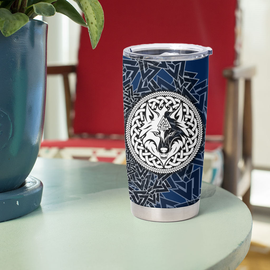 Viking Wolf and Valknut Tumbler Cup Nordic Knotwork Rune Illustration