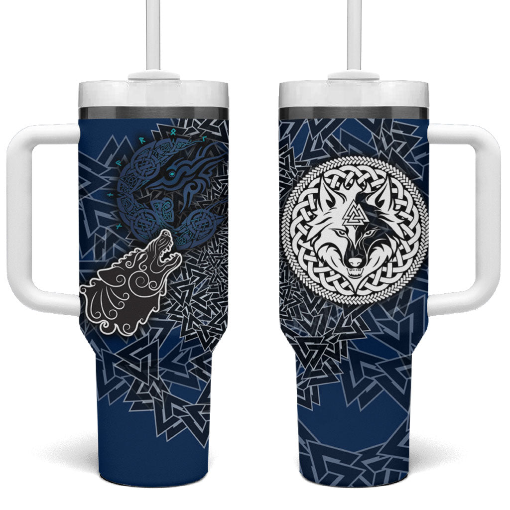 Viking Wolf and Valknut Tumbler With Handle Nordic Knotwork Rune Illustration