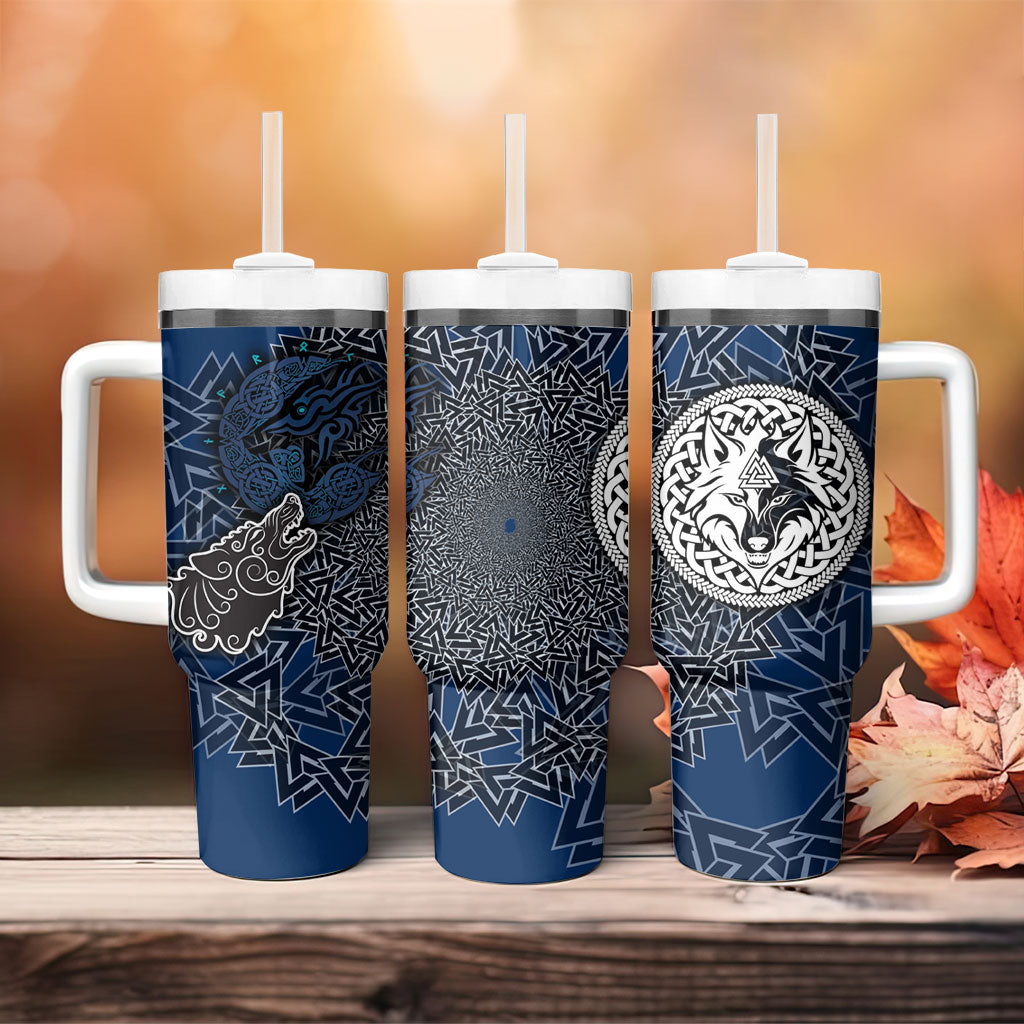 Viking Wolf and Valknut Tumbler With Handle Nordic Knotwork Rune Illustration