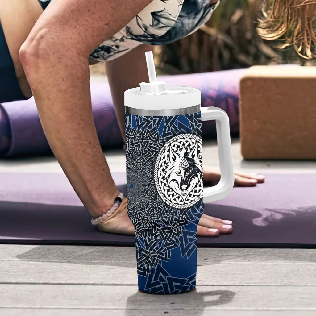 Viking Wolf and Valknut Tumbler With Handle Nordic Knotwork Rune Illustration