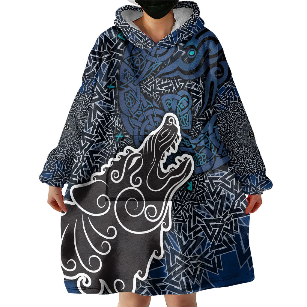 Viking Wolf and Valknut Wearable Blanket Hoodie Nordic Knotwork Rune Illustration