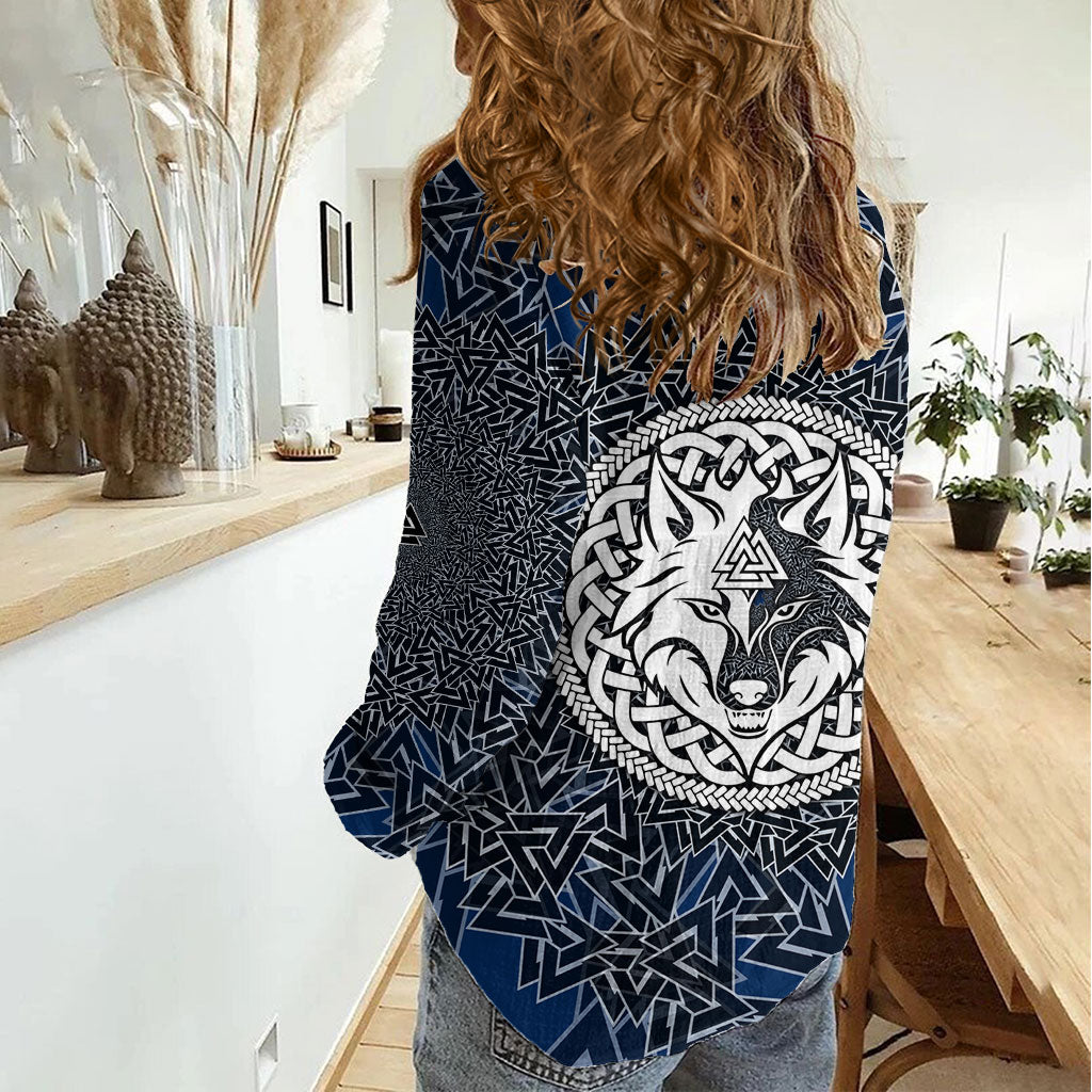 Viking Wolf and Valknut Women Casual Shirt Nordic Knotwork Rune Illustration