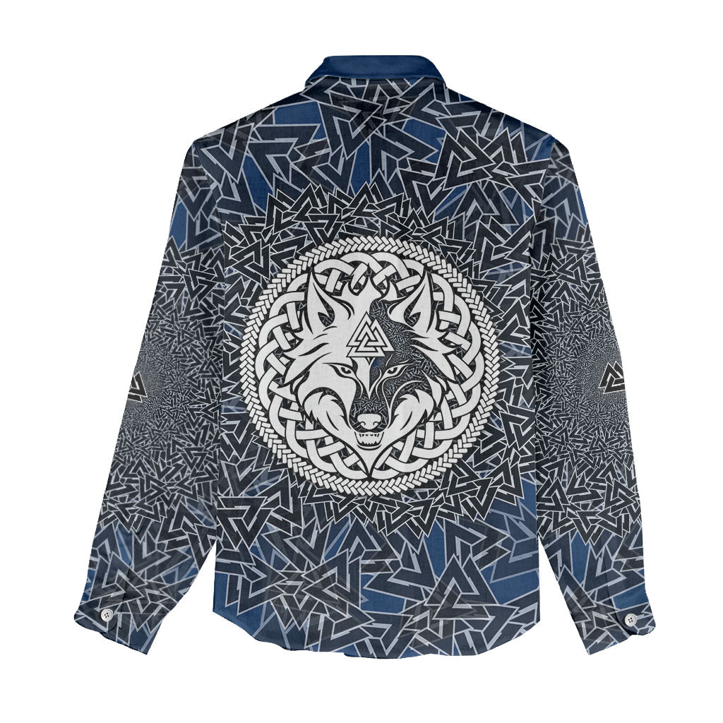 Viking Wolf and Valknut Women Casual Shirt Nordic Knotwork Rune Illustration
