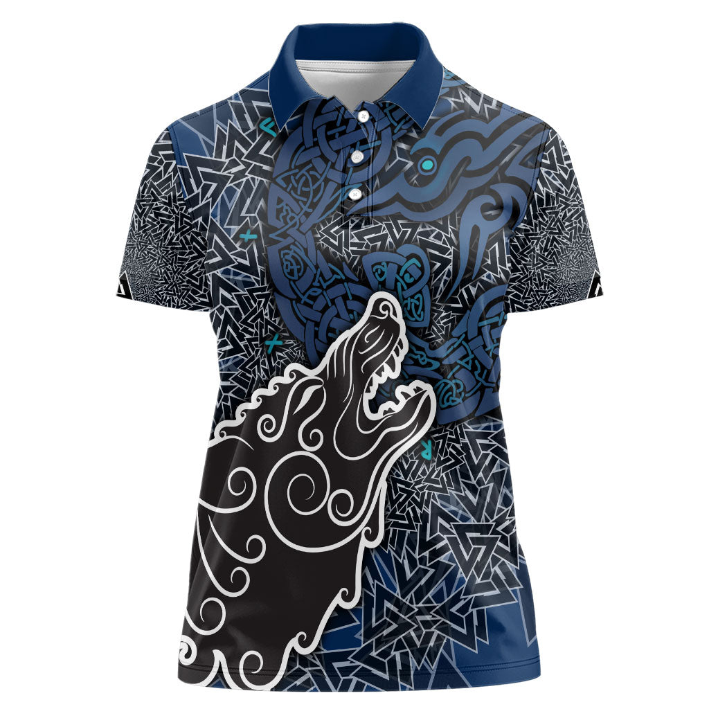 Viking Wolf and Valknut Women Polo Shirt Nordic Knotwork Rune Illustration