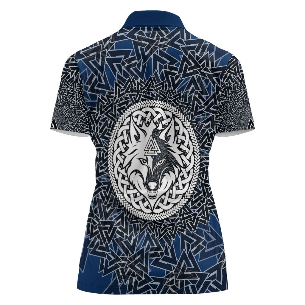 Viking Wolf and Valknut Women Polo Shirt Nordic Knotwork Rune Illustration