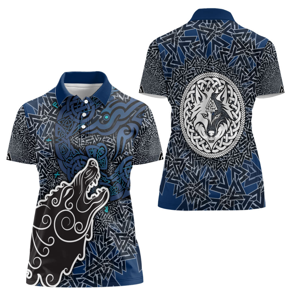 Viking Wolf and Valknut Women Polo Shirt Nordic Knotwork Rune Illustration