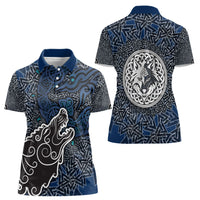 Viking Wolf and Valknut Women Polo Shirt Nordic Knotwork Rune Illustration