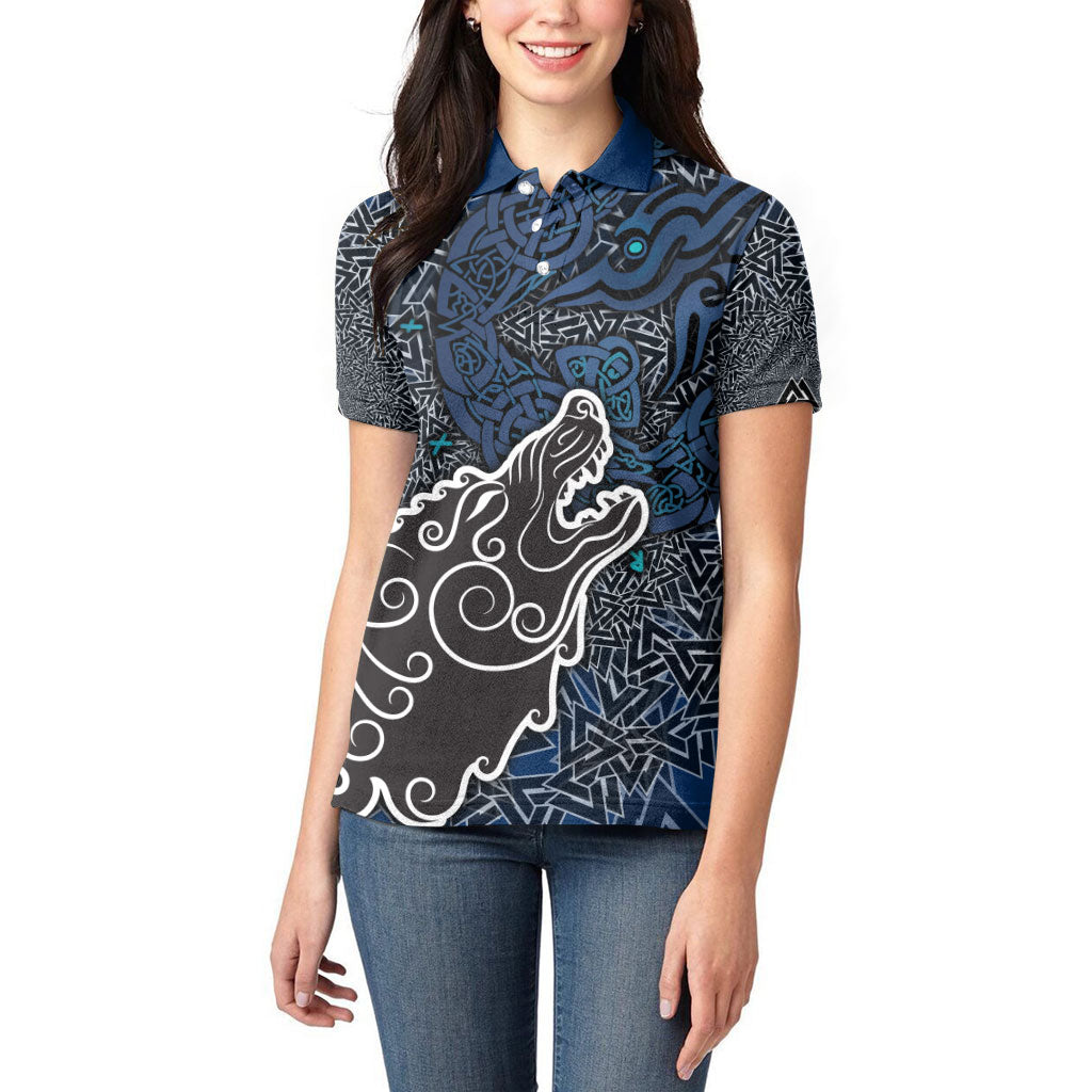 Viking Wolf and Valknut Women Polo Shirt Nordic Knotwork Rune Illustration