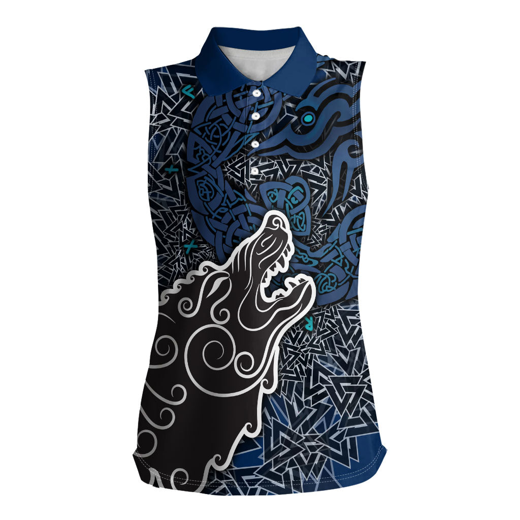 Viking Wolf and Valknut Women Sleeveless Polo Shirt Nordic Knotwork Rune Illustration