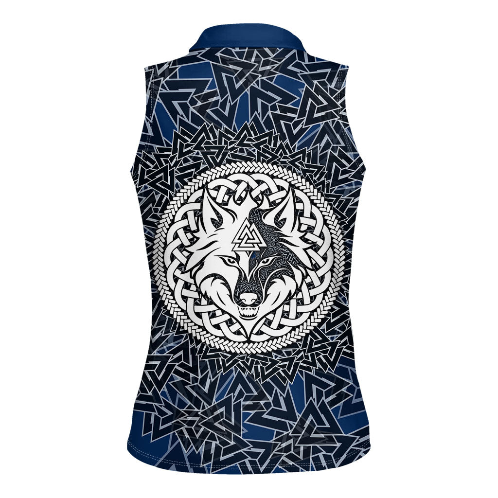 Viking Wolf and Valknut Women Sleeveless Polo Shirt Nordic Knotwork Rune Illustration