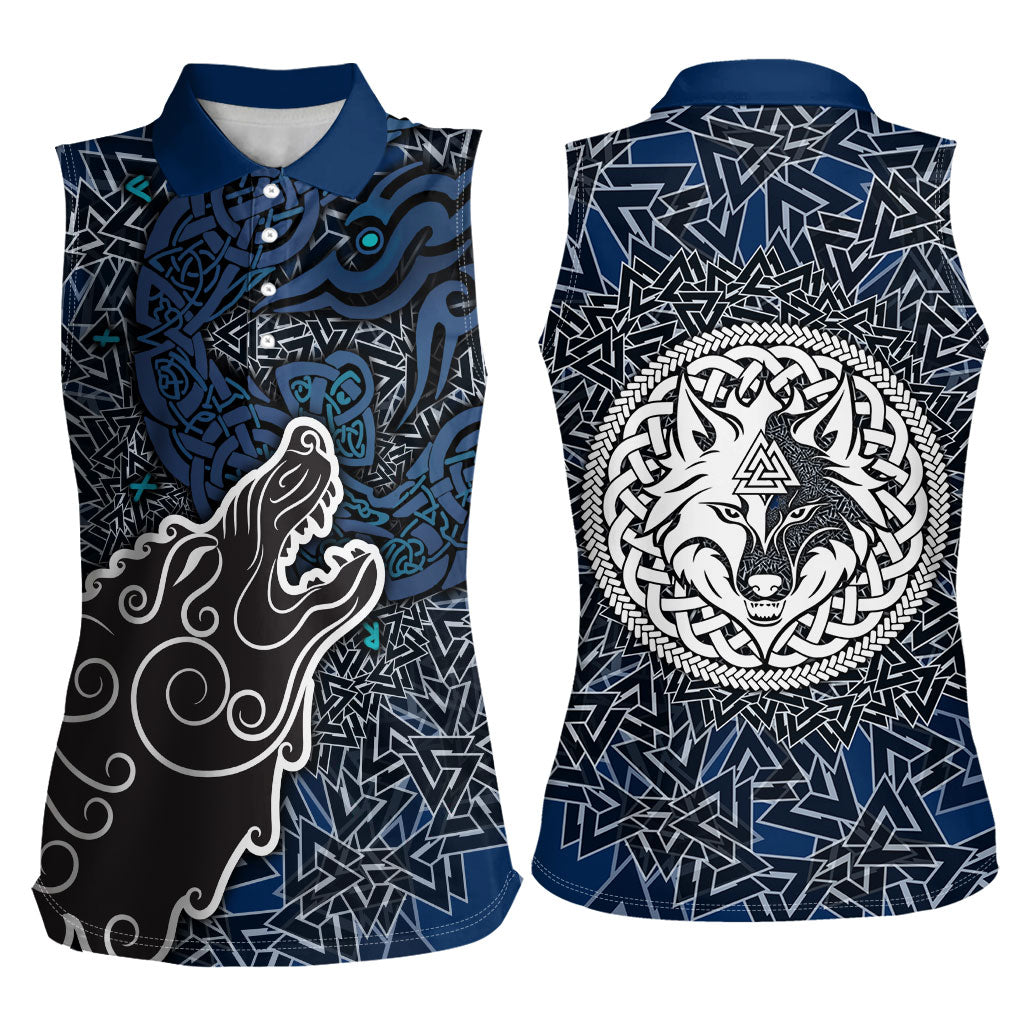 Viking Wolf and Valknut Women Sleeveless Polo Shirt Nordic Knotwork Rune Illustration