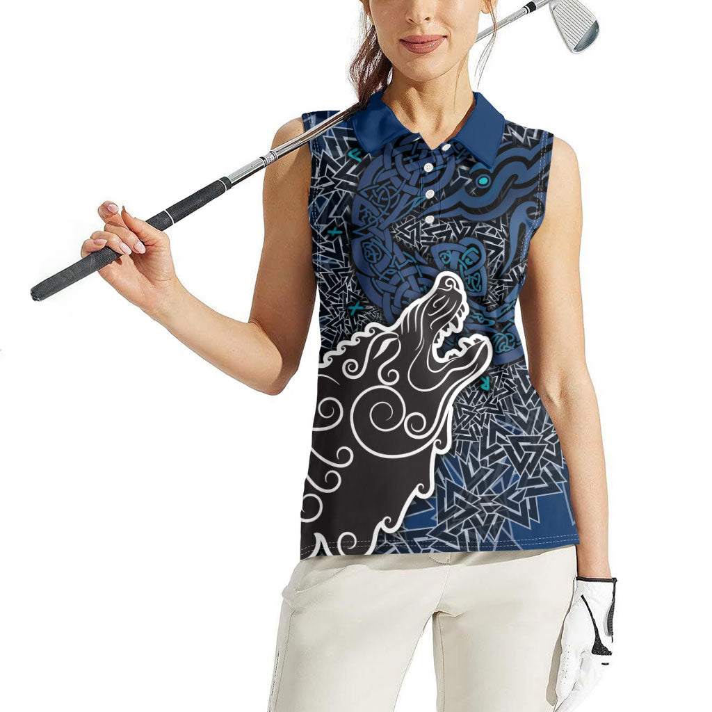 Viking Wolf and Valknut Women Sleeveless Polo Shirt Nordic Knotwork Rune Illustration