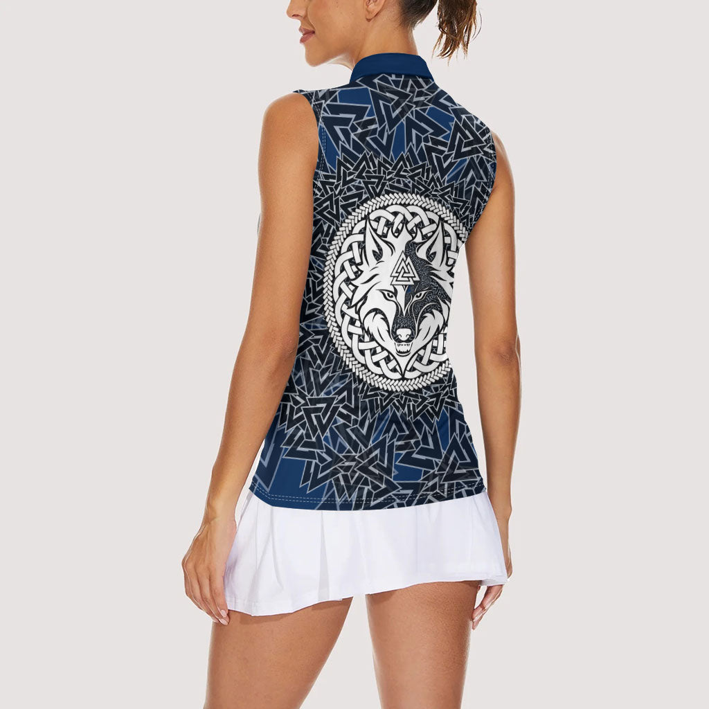Viking Wolf and Valknut Women Sleeveless Polo Shirt Nordic Knotwork Rune Illustration