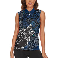 Viking Wolf and Valknut Women Sleeveless Polo Shirt Nordic Knotwork Rune Illustration