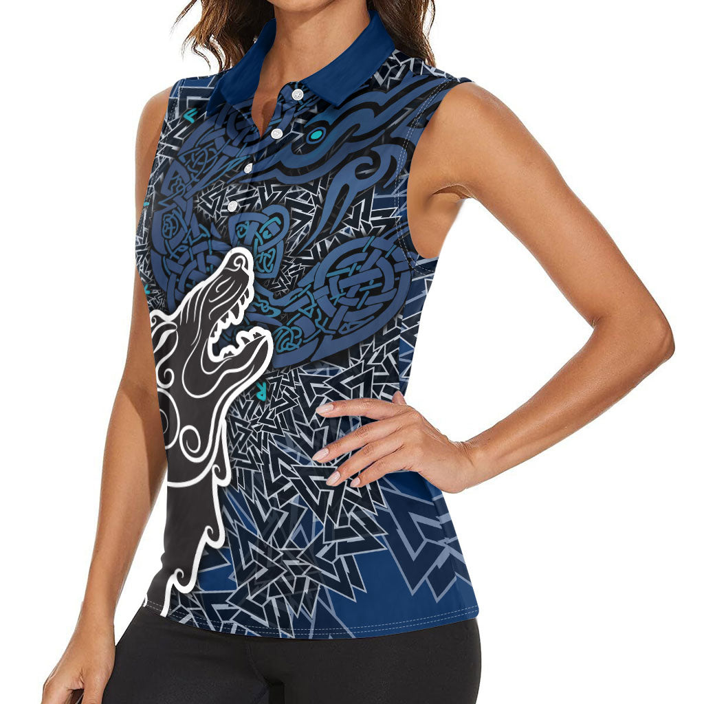 Viking Wolf and Valknut Women Sleeveless Polo Shirt Nordic Knotwork Rune Illustration