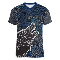 Viking Wolf and Valknut Women V-Neck T-Shirt Nordic Knotwork Rune Illustration