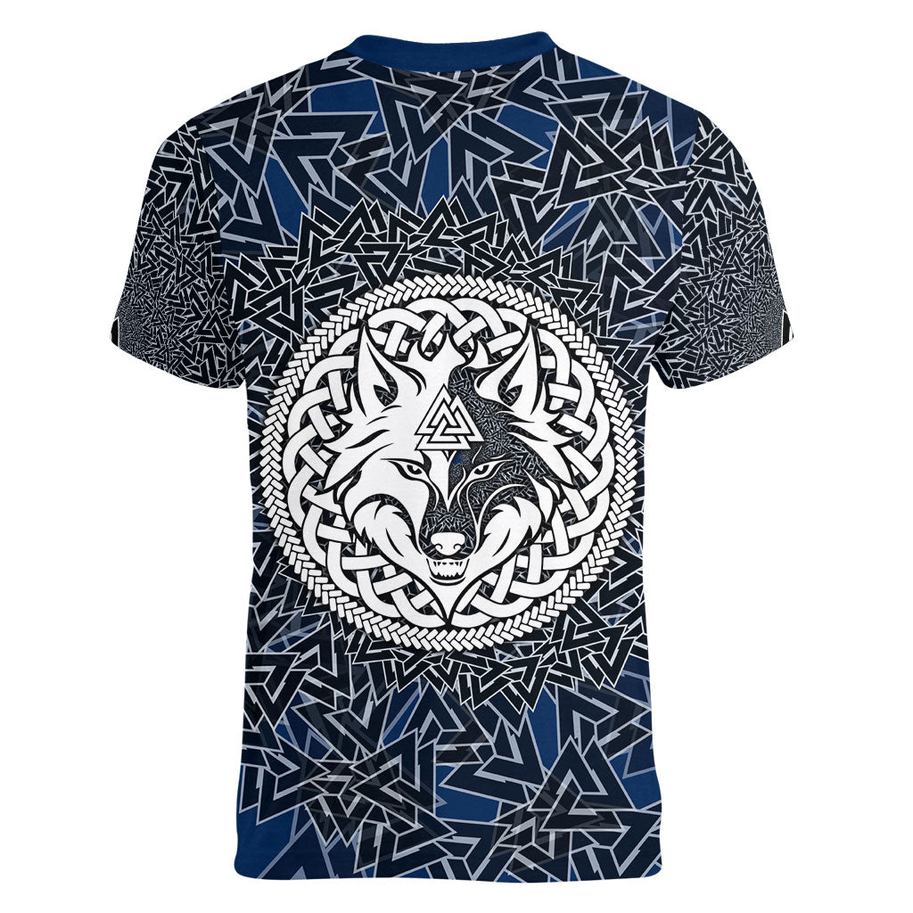 Viking Wolf and Valknut Women V-Neck T-Shirt Nordic Knotwork Rune Illustration