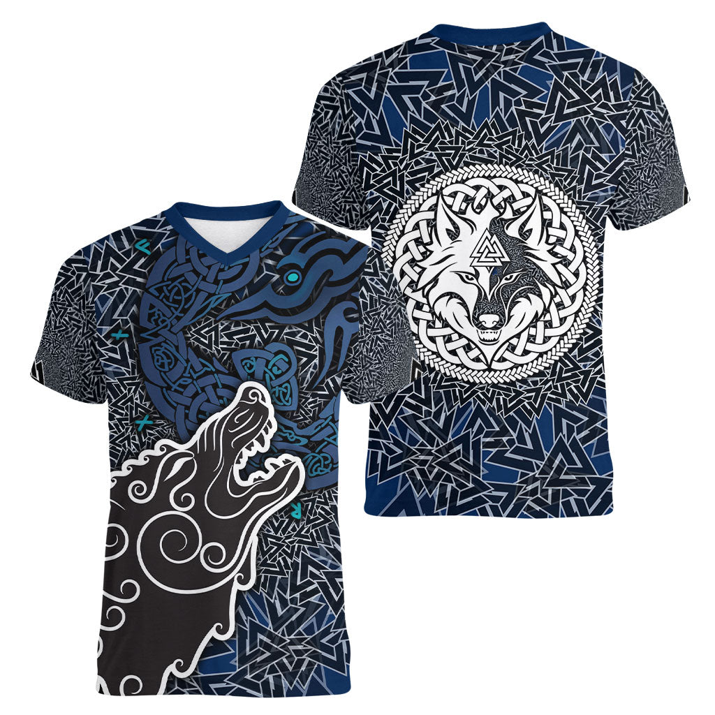 Viking Wolf and Valknut Women V-Neck T-Shirt Nordic Knotwork Rune Illustration