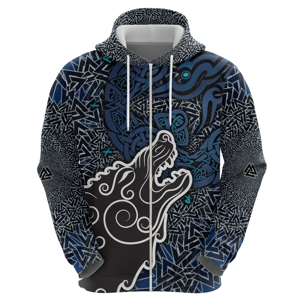 Viking Wolf and Valknut Zip Hoodie Nordic Knotwork Rune Illustration