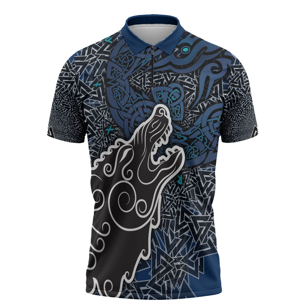Viking Wolf and Valknut Zipper Polo Shirt Nordic Knotwork Rune Illustration