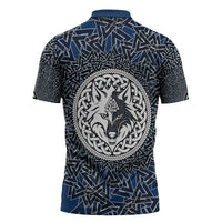 Viking Wolf and Valknut Zipper Polo Shirt Nordic Knotwork Rune Illustration