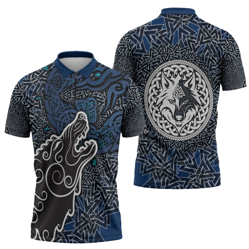 Viking Wolf and Valknut Zipper Polo Shirt Nordic Knotwork Rune Illustration