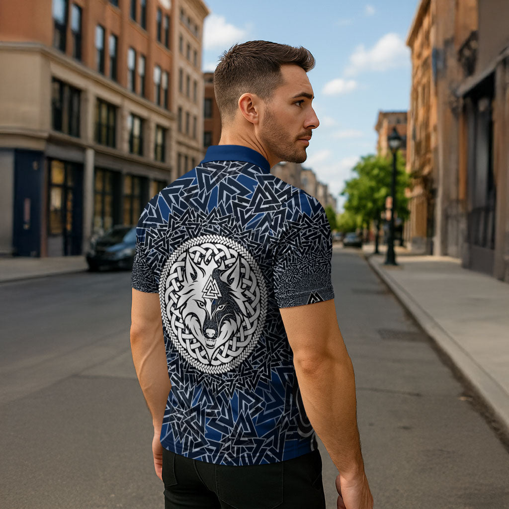 Viking Wolf and Valknut Zipper Polo Shirt Nordic Knotwork Rune Illustration