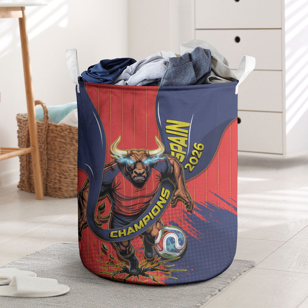 Spain Football 2026 Champions Laundry Basket Bull Mascot Illustration In Spanish National Colors Comic Style
