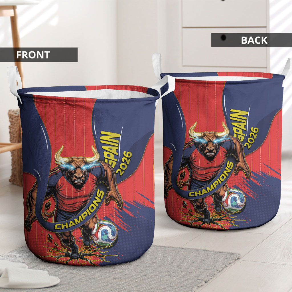 Spain Football 2026 Champions Laundry Basket Bull Mascot Illustration In Spanish National Colors Comic Style