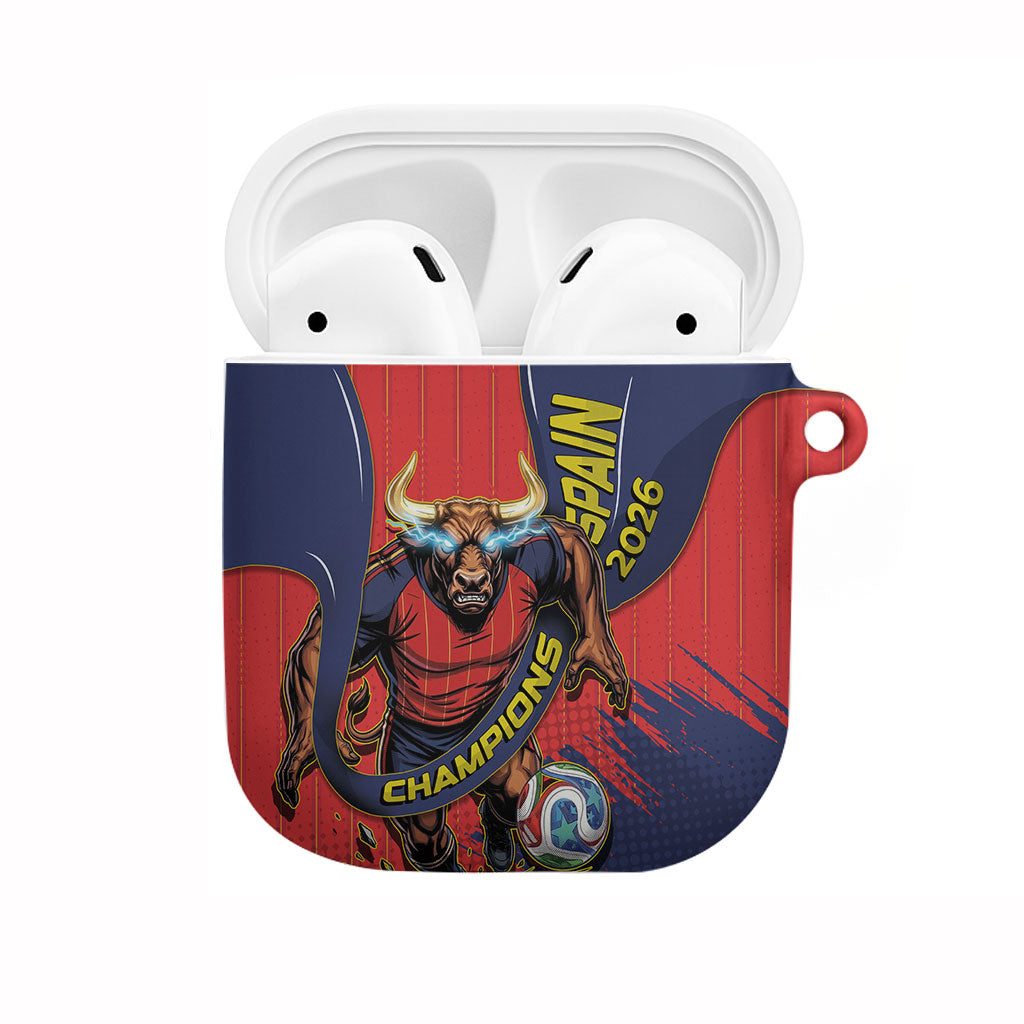 Spain Football 2026 Champions AirPods Case Bull Mascot Illustration In Spanish National Colors Comic Style