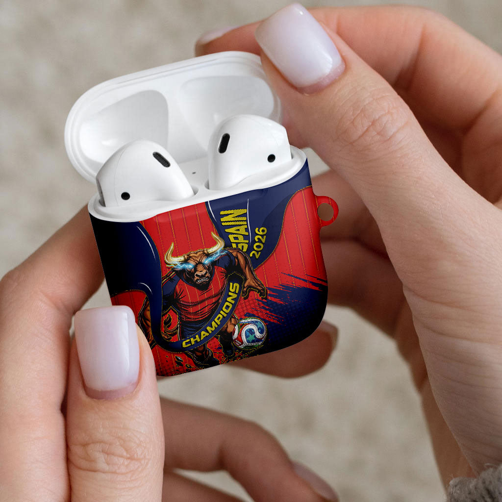 Spain Football 2026 Champions AirPods Case Bull Mascot Illustration In Spanish National Colors Comic Style