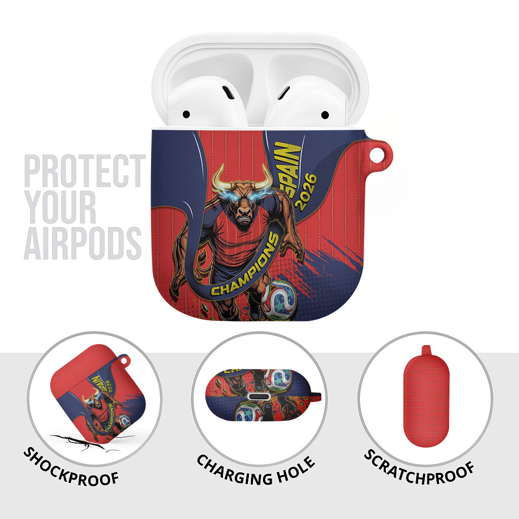 Spain Football 2026 Champions AirPods Case Bull Mascot Illustration In Spanish National Colors Comic Style