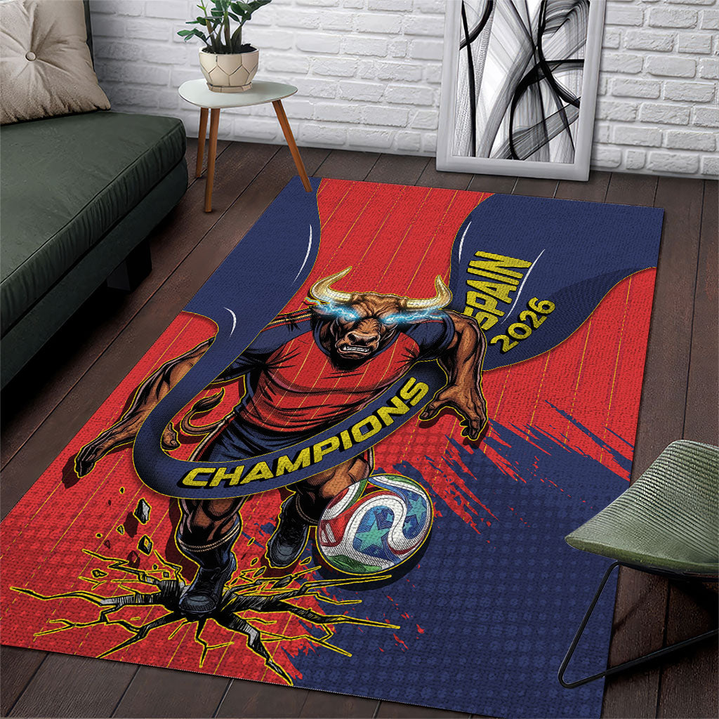 Spain Football 2026 Champions Area Rug Bull Mascot Illustration In Spanish National Colors Comic Style