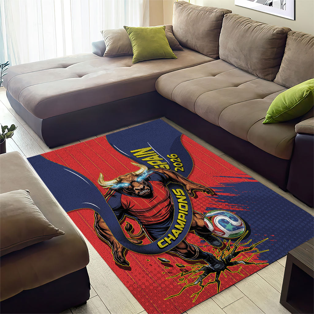 Spain Football 2026 Champions Area Rug Bull Mascot Illustration In Spanish National Colors Comic Style