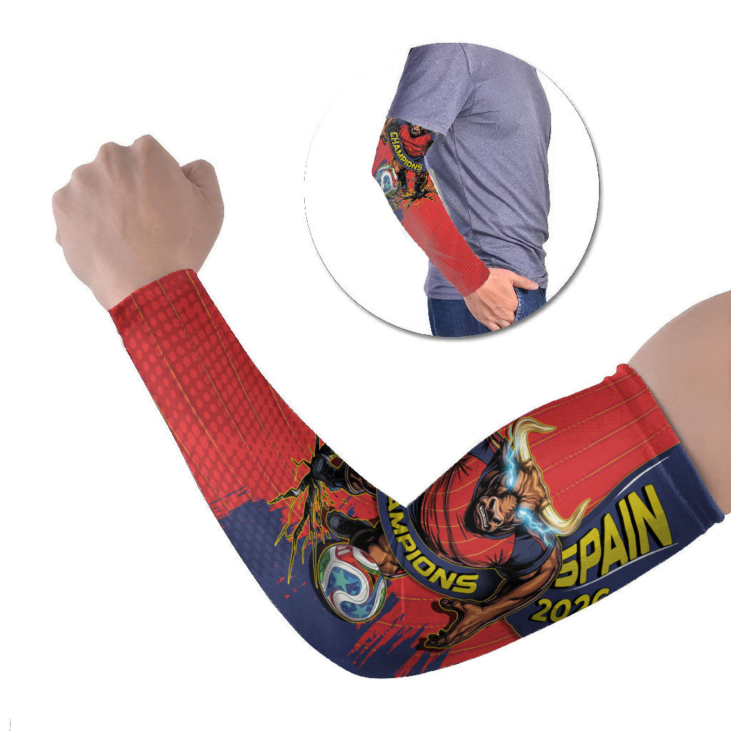Spain Football 2026 Champions Arm Sleeves Bull Mascot Illustration In Spanish National Colors Comic Style
