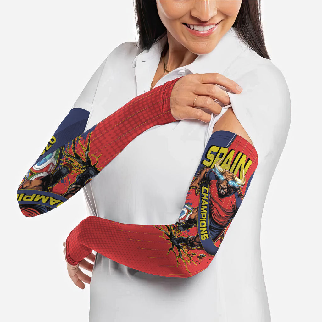 Spain Football 2026 Champions Arm Sleeves Bull Mascot Illustration In Spanish National Colors Comic Style