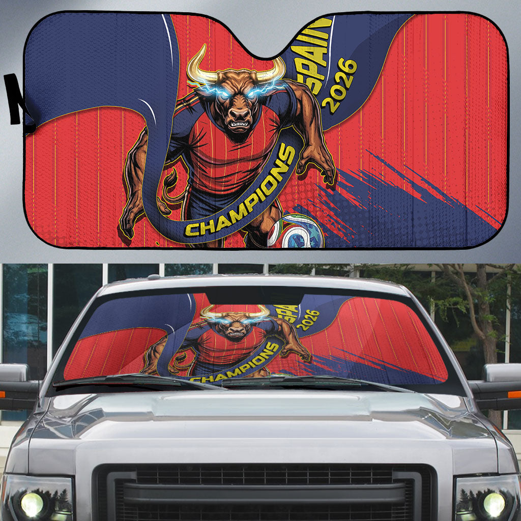 Spain Football 2026 Champions Auto Sun Shade Bull Mascot Illustration In Spanish National Colors Comic Style