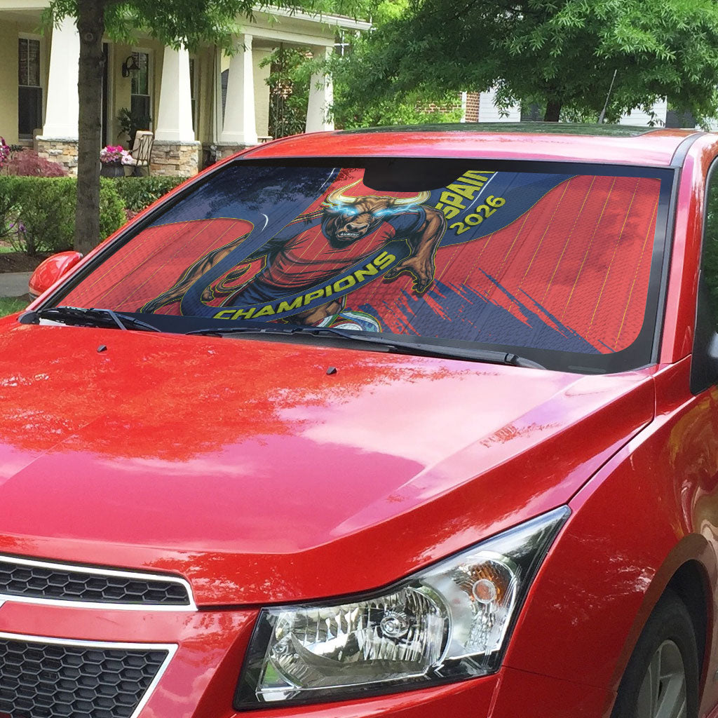 Spain Football 2026 Champions Auto Sun Shade Bull Mascot Illustration In Spanish National Colors Comic Style