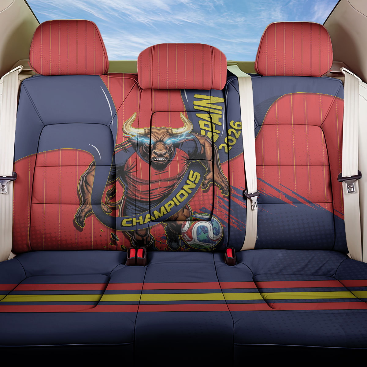 Spain Football 2026 Champions Back Car Seat Cover Bull Mascot Illustration In Spanish National Colors Comic Style
