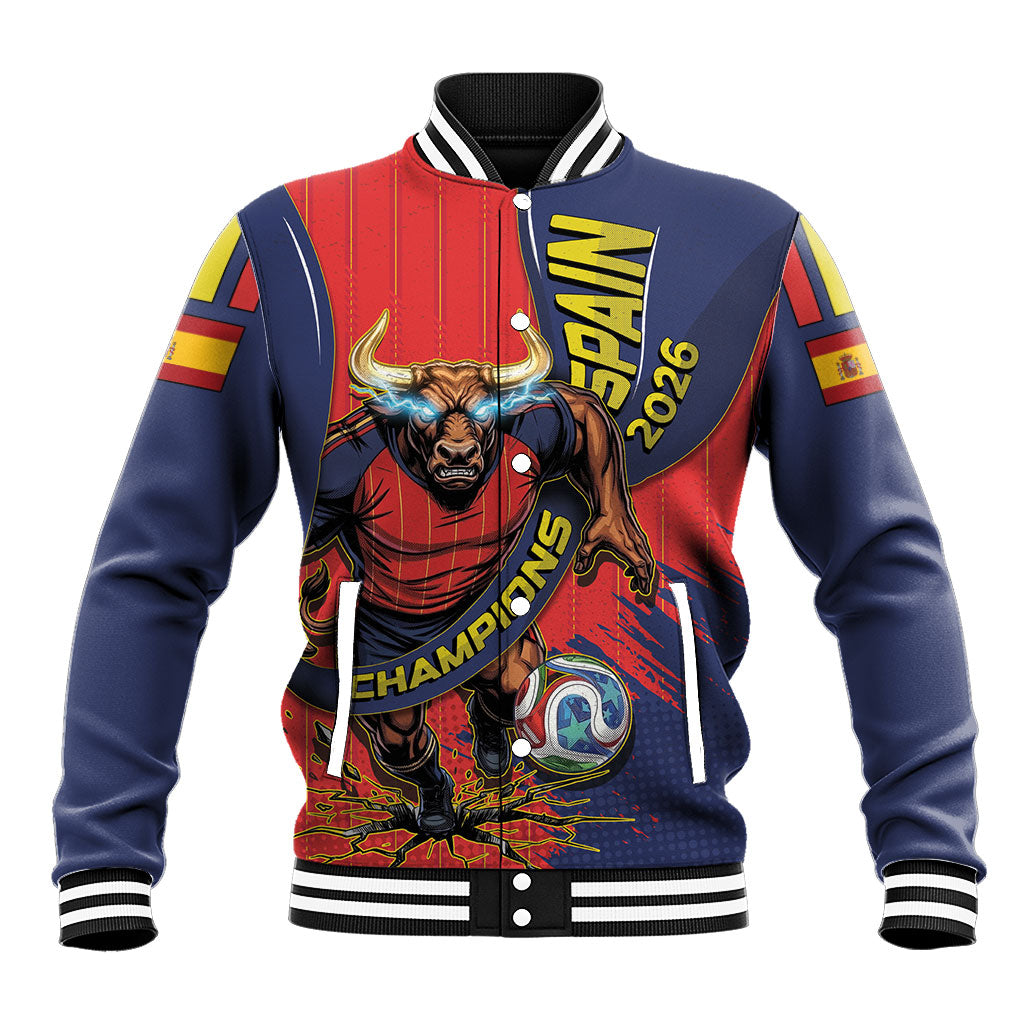 Spain Football 2026 Champions Baseball Jacket Bull Mascot Illustration In Spanish National Colors Comic Style