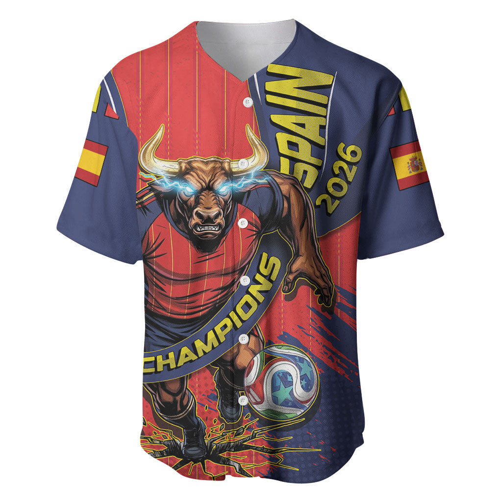 Spain Football 2026 Champions Baseball Jersey Bull Mascot Illustration In Spanish National Colors Comic Style
